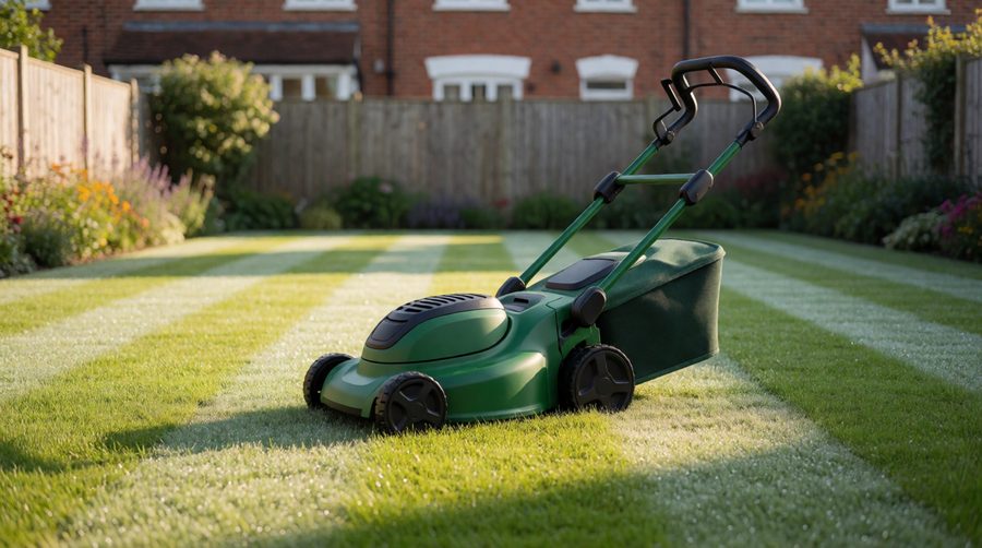Bosch cordless lawn mower on a striped back garden lawn