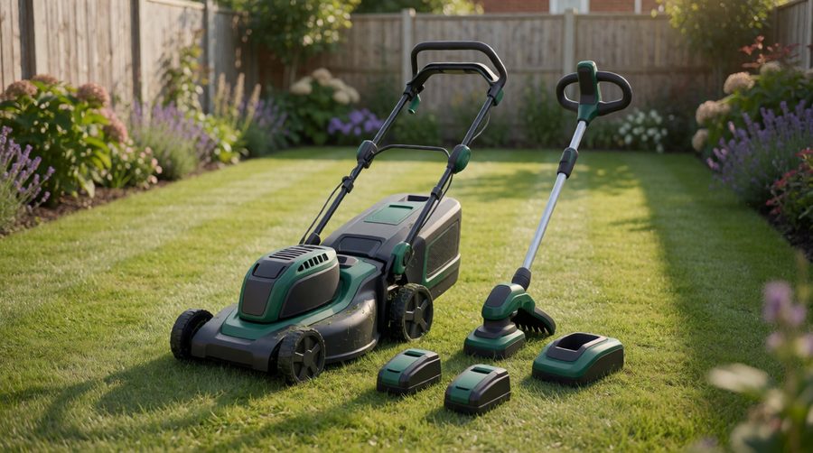 Cordless lawn mower and strimmer set with batteries on a striped UK lawn